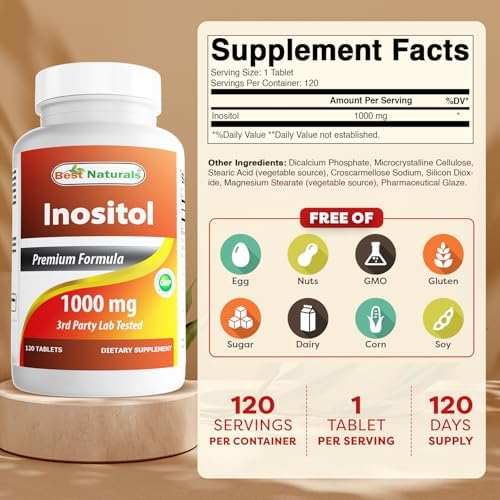 Best Naturals Inositol 1000 mg 120 Tablets (120 Count (Pack of 1)) (120 Count (Pack of 2))