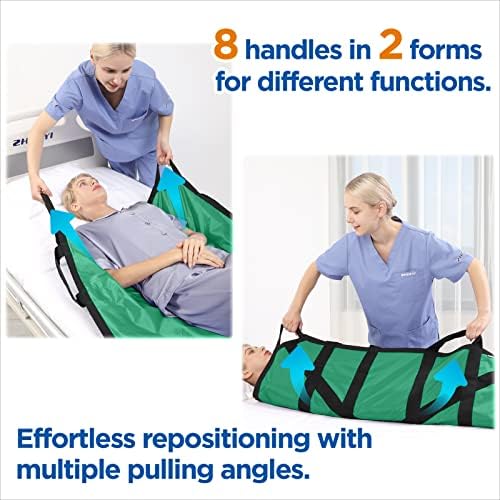 Multipurpose 55" x 36" Positioning Bed Pad with Reinforced Handles - Reusable & Washable Patient Sheet for Turning, Lifting & Repositioning - Double-Sided Nylon Fabric, Green