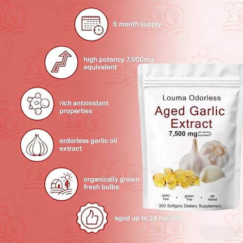 1PCSLouma Odorless Aged Garlic, Aged Garlic Extract - 300 Count 7500mg 24 Month Organic Aged Garlic Supplement- Non-GMO,Vegetarian (1PCS)