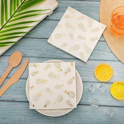 Outus 100 Pcs Pineapple Cocktail Napkins Paper 5 x 5 Inch Summer Tropical Luau Pineapple Party Decorations Disposable Stamping Pattern Napkins for Beverage Hawaiian Party (Gold)