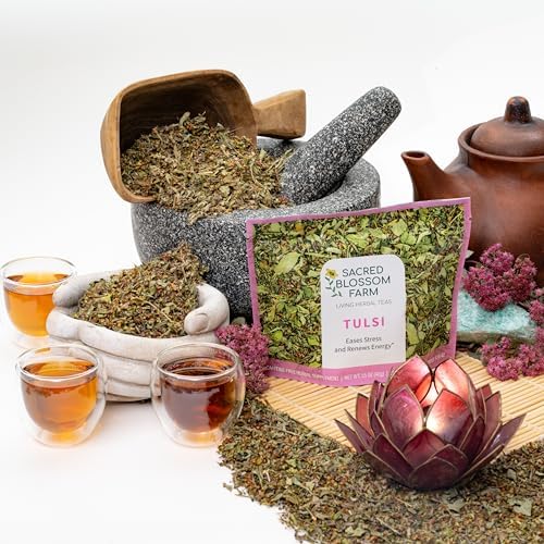 Tulsi Herbal Tea (Holy Basil) | Sacred Blossom Farm | 1.7 oz. Loose Leaf | Ease Stress Renew Enaergy* | Minimally Processed Wisconsin-Grown Medicinal Herbs | Caffeine Free | Handmade in USA
