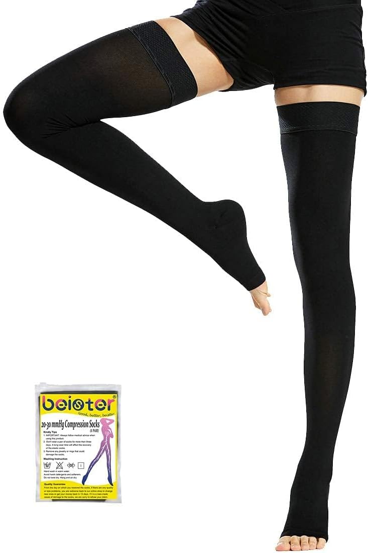 Beister Medical Thigh High Compression Stockings with Silicone Band for Women & Men, 20-30 mmHg Open Toe Graduated Support Socks, Compression Hoses for Varicose Veins, Edema, Flight, DVT, Leg Pain