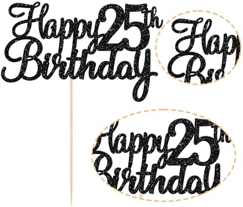 Gyufise 1Pc Happy 25th Birthday Cake Topper Glitter 25th Birthday Cake Pick Cheers to 25 Years Old Twenty five Fabulous Cake Decorations for 25th Birthday Theme Party Supplies Black