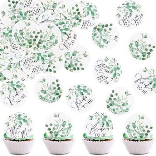 40pcs Edible Greenary Bride to Be Cupcake Toppers Edible Circle Mr Mrs Cupcake Picks for Green Leaves Theme Bridal Shower Engagement Newly Married Greenery Wedding Party Decorations