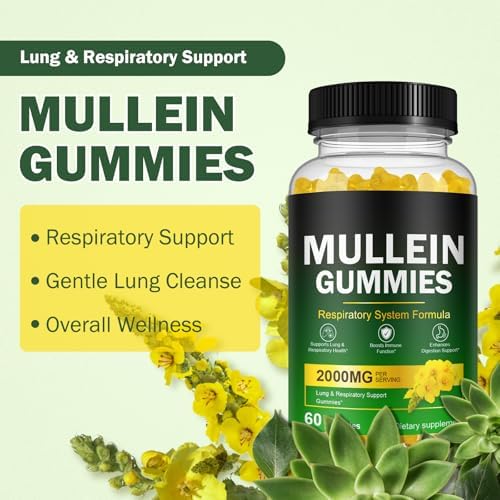 Mullein Gummies for Lungs, Mullein Extract for Smokers - Support Lung & Respiratory Health, Soothes Throat Irritation, Boost Immune - Mullein Leaf Extract for Lungs, Breathe Easier - 60pcs