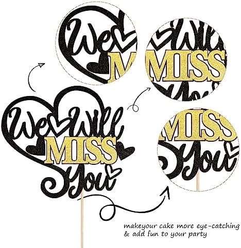 1 PCS We Will Miss You Cake Topper Black Glitter Heart Good Luck Cake Pick Decoration for Going Away Farewell Retirement Graduation Theme Party Cake Decorations Supplies