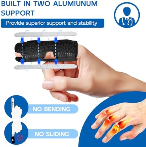 2 Pcs Finger Splints, Trigger Finger Splint Built in 2 Aluminum Bar Mallet Finger Support Brace Finger Straightener for Arthritis Pain Relief & Broken Knuckle Immobilisation (Black)