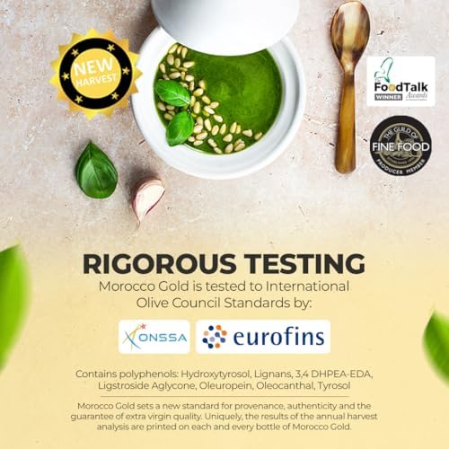 Morocco Gold Early Harvest Extra Virgin Olive Oil – Cold Pressed – Polyphenol Rich 652mg/kg EVOO Fresh Harvest Pure and Natural. 500ml/17 Fl Oz