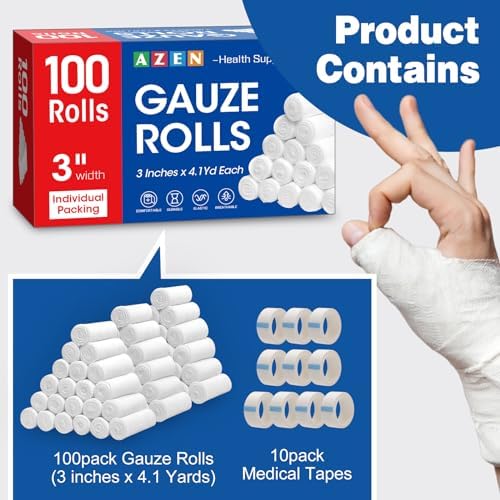 AZEN 100 Pack Gauze Rolls Bandages, 3 in x 4.1 Yards, First Aid Supplies & Premium Medical Supplies, Bandage Wrap Vet Wrap