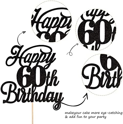 Rsstarxi 1 Pack Happy 60th Birthday Cake Topper Black Glitter 60 & Fabulous Cheers to 60 Years Old 60th Birthday Cake Pick for Celebrating 60th Birthday Anniversary Party Cake Decorations Supplies