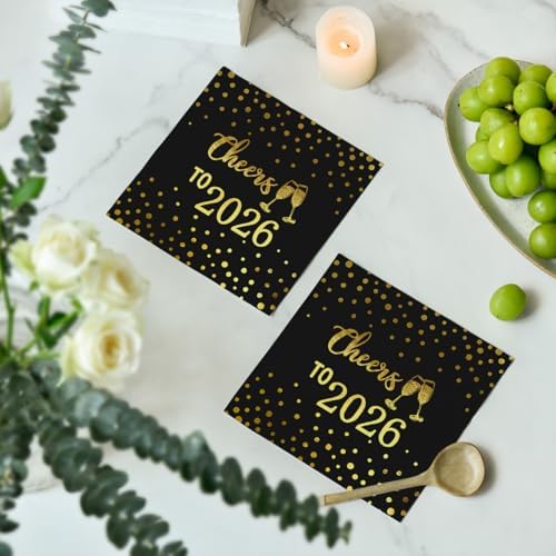 Horaldaily 100 New Year 2026 Disposable Paper Decorative Luncheon Napkins, Cheers to 2026 Gold Foil Dots Hand Towel for Party Lunch Dinner Kitchen Bathroom