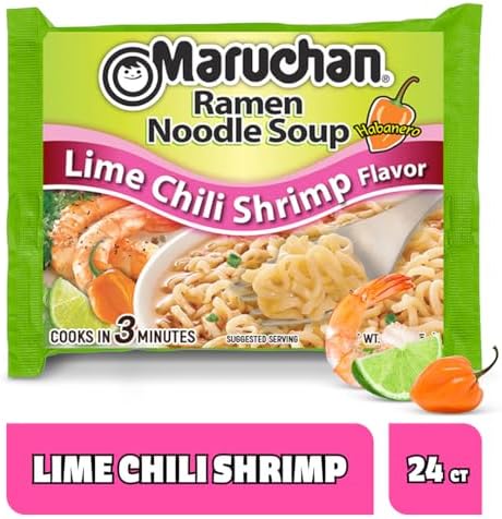 Maruchan Ramen Noodle Soup, Lime Chili Shrimp Flavor – Japanese-Style Instant Noodles, Quick & Easy Meal for Students & Busy Families – 3 Oz. (24 Pack)