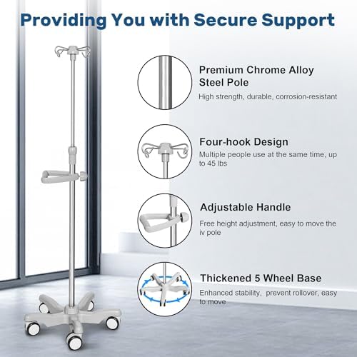 IV Pole with Wheels Medical Portable IV Stand Pole, IV Bag Stand with Removable IV Bag Holder, Adjustable Height Pole, 4 Hook & 5 Caster Base