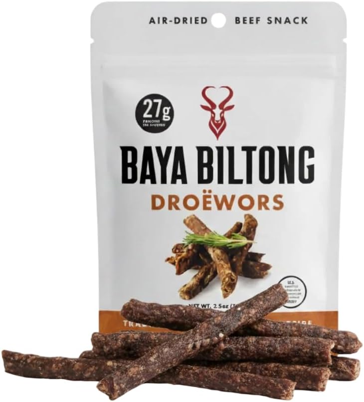 Baya Biltong Droewors South African Air-Dried Beef Sticks, High Protein, Zero Added Sugar, No Preservatives, Family Recipe | 2.5 oz (Snack Pack)