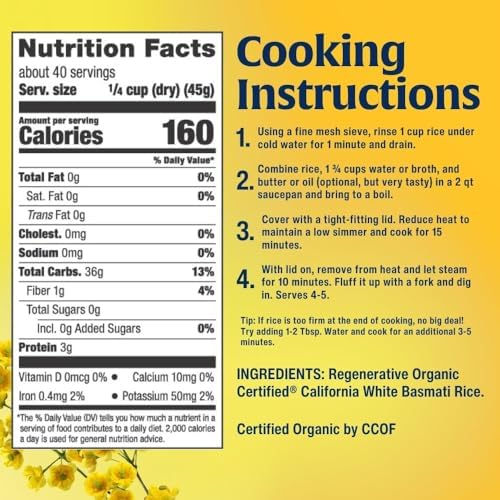 Lundberg Basmati Rice, Long Grain White Rice - Non-Sticky, Fluffy, Nutty, Aromatic Rice, Vegan Food, Healthy Meals, Gluten-Free, Grown in California, 64 Oz