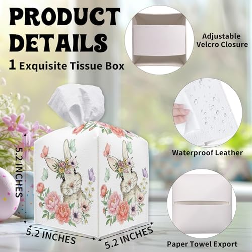 Easter Tissue Box Cover - Flower Rabbit Leather Tissue Holder Square Tissue Cube Box - Easter Decor for Night Stands, Vanity Countertop, Car, Office, Home Desk Tabletop Supplies & Decorations - A04