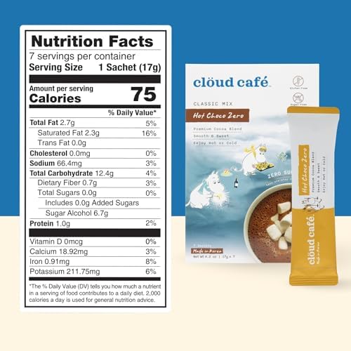Clöud Café Moomin Zero Sugar Hot Chocolate Powder Packets - Premium Hot Cocoa Blend - Smooth & Sweet - Easy One Step Cocoa for On-The-Go (7 Sachets)