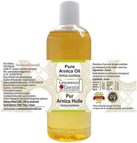 Greenwood Essential Arnica Oil (Arnica montana) | Infused | Pure | Non-Sticky | Lightweight | For Massage Preparations | Natural | Ayurvedic | For Men & Women | All Skin Types | 200ml (6.76 oz)