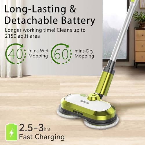 VMAI Cordless Electric Mop with Water Spray & Detachable Battery, Rechargeable Floor Spin Mop & Scrubber with LED Headlights, Washable Pads, Lightweight for Hardwood Tile Marble Floor Cleaning