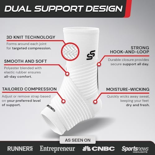 Sleeve Stars Ankle Brace for Women & Men, Ankle Wrap for Sprained Ankle, Compression Sleeve for Plantar Fasciitis Relief, Easy Customizable Support: w/Removable Strap (Single/M:10"-12"/White)