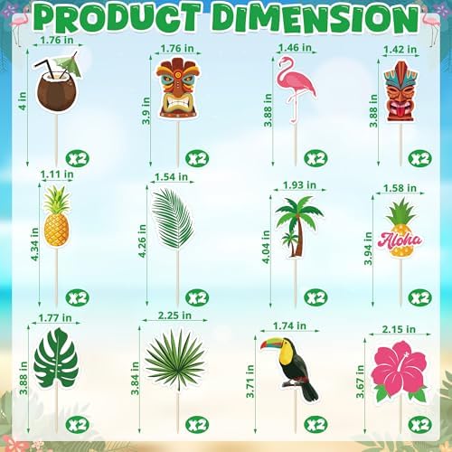 24 Pcs Hawaiian Cupcake Toppers, Disposable Pineapple Flower Palm Tree Flamingo Cake Picks, Aloha Cake Decorations for Summer Hawaiian Luau Theme Birthday, Wedding Party Supplies