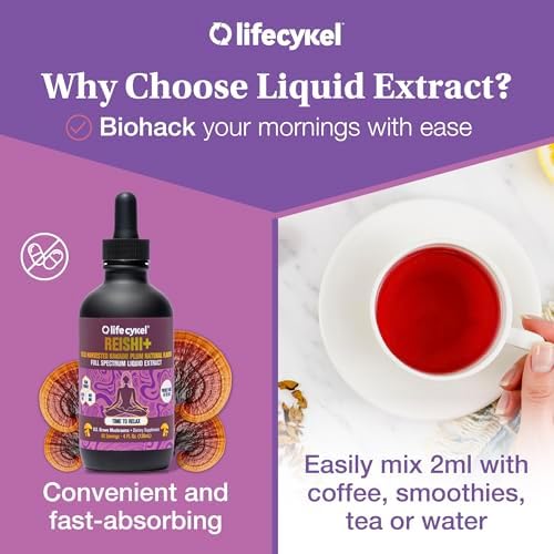 Life Cykel - Reishi Mushroom Extract w/Kakadu Plum- Adaptogen for Sleep Help, Relaxation & Cellular Support- 100% Organic Mushrooms, Antioxidants Vitamin C, 2oz (Packaging May Vary)