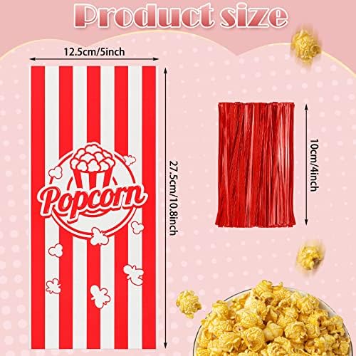 Teling 100 Pcs Popcorn Treat Bags 100 Pcs Popcorn Treat Bags for Party Red White Stripe Cookie Candy Bags with 150 Red Twist Ties for Circus Carnival Birthday Party Favor