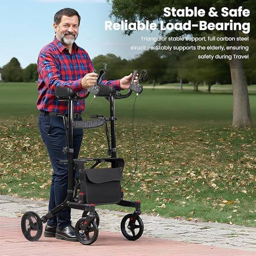 Upright Walker for Seniors & Adults with Seat 450 lb Capacity, Stand Up Walkers Foldable, 19.8 lbs Lightweight, Adjustable Arms, 7.9-Inch Wheels for All Terrain Rollator Walker (Black02)