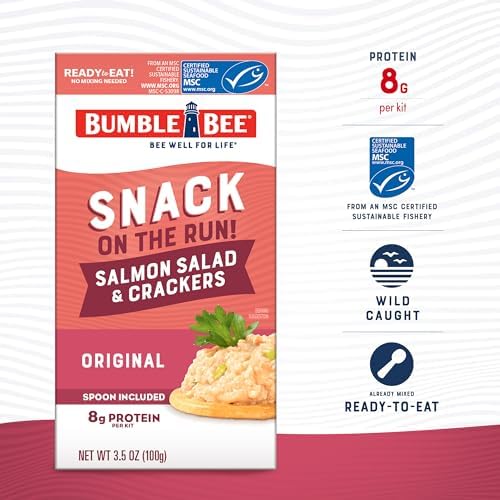 Bumble Bee Snack On The Run! Protein Pack, 8g per Box - Salmon Salad with Crackers Kit - Ready to Eat Easy-Open Can - Wild Caught MSC-Certified Seafood (Pack of 12)