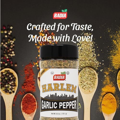 Badia Harlem Garlic Pepper Seasoning Blend, 6 oz – Bold Garlic & Pepper Flavor for Chicken, Steak, Seafood, Pasta, Vegetables, Gluten Free