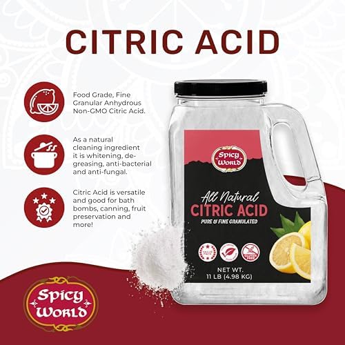 Citric Acid 11 LB Bulk Jar - All Natural, Food Grade, Non-GMO Citric Acid Powder for Cleaning, Bath Bombs, Preserving | Fine Granular & Premium Quality by Spicy World
