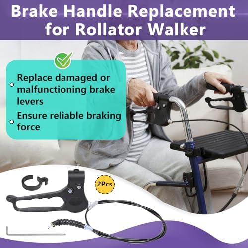 2PCS Brake Handle Replacement for Rollator Walker, Replacement Parts for Roller Walker with 41 Inch Cable Driving Components of Four-Wheel Rolling Aids, Including Buckles and Screwdrivers