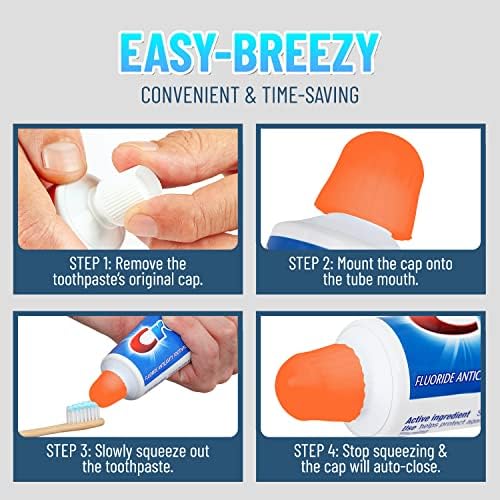 Self-Closing Toothpaste Cap, [Orange] Pack of 6 Mess-Free, Toothpaste-Saver Silicone Cap with Self-Sealing Tip - Stylish See-Through Design, Fits Any Toothpaste Tube