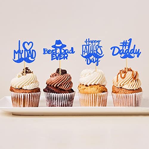 36Pcs Glitter Blue Happy Father's Day Cupcake Toppers I Love My Dad Cupcake Picks Daddy Food Picks for Dad's Birthday Party Decorations Happy Father's Day Party Cake Cupcake Decorations