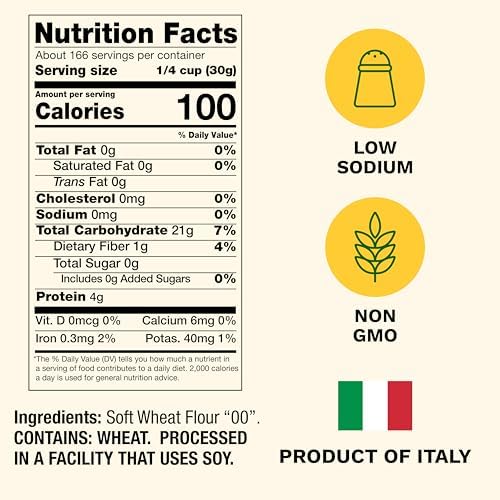 Cento Anna Tipo 00 Flour, 11 Lbs., Extra Fine, Unbleached, Soft Wheat Flour, Perfect for Pizza Crust, Pasta & Bread, Grown and Processed in Italy
