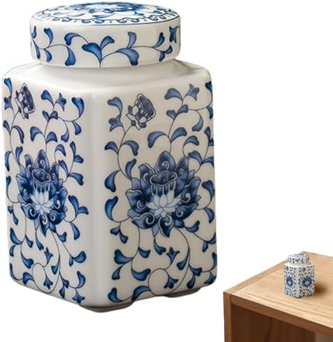 200ml Blue & White Ceramic Ginger Jar, Chinoiserie Style Decorative Vase with Lid for Home Decor, Tea & Spice Storage