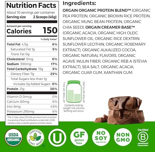 Orgain Organic Vegan Protein Powder, Creamy Chocolate Fudge - 21g Plant Protein, 7g Prebiotic Fiber, Low Net Carb, No Lactose Ingredients, No Added Sugar, Non-GMO, For Shakes & Smoothies, 1.02 lb