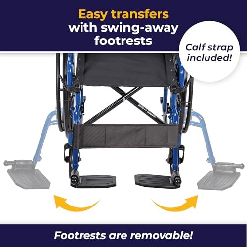 Drive Medical Blue Streak Lightweight Wheelchair - Portable Folding Mobility Aid - Swing-Away Footrests - Desk Arms - Durable Steel Frame - Easy Transport & Storage - 20-Inch Seat
