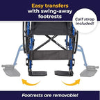 Drive Medical Blue Streak Lightweight Wheelchair - Portable Folding Mobility Aid - Swing-Away Footrests - Desk Arms - Durable Steel Frame - Easy Transport & Storage - 20-Inch Seat