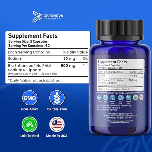 Geronova Research Bio-Enhanced R-Lipoic Acid, 600 mg Dose - 2 Month Supply - Stabilized R Alpha Lipoic Acid with Enhanced Absorption - R Lipoic Acid Supplement - 120 Capsules