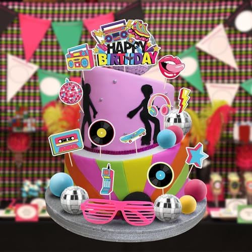 Hooqict 26 PCS 80s Cake Decorations 80s 90s Cake Toppers Retro 1980s Hip Hop Cake Decorations with Glitter Balls Cupcake Toppers for Neon Throwback Birthday Party Supplies