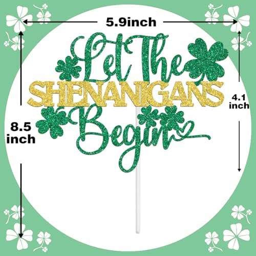 Let the Shenanigans Begin Cake Topper, Happy St.Patrick's Day Cake Decor, Shamrock Four Leaf Clover Deocrations, Welcome Irish Housewarming Party Decorations Supplies