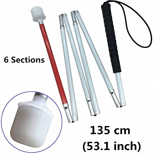 Aluminum Mobility Folding White Cane for Vision Impaired and Blind People (Folds Down 6 Sections) (135cm (53.1inch, Black Handle)