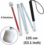 Aluminum Mobility Folding White Cane for Vision Impaired and Blind People (Folds Down 6 Sections) (135cm (53.1inch, Black Handle)