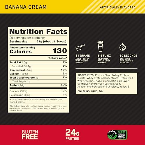 Optimum Nutrition Gold Standard 100% Whey Protein Powder, Banana Cream, 2 Pound (Packaging May Vary)