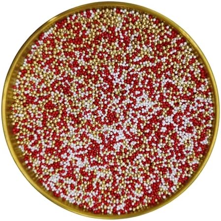 Edible Red & White & Super Gold Pearl Sugar Sprinkles Candy 2mm Mini Pearls Cake Decorations Cupcake Toppers Cookie Decorating Perfect for Wedding Party Valentine Halloween Christmas Supplies 3OZ