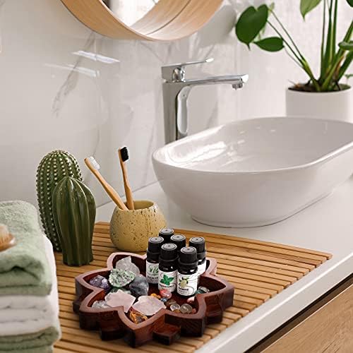 Lotus Crystal Tray for Healing Stones Wooden Crystal Holder Lotus Flower Mandala Stone Bowl Organizer Decorative for Gemstones Display Jewelry Storage Shelf Rock Decor, 7.9 x 7.9 Inch, Brown