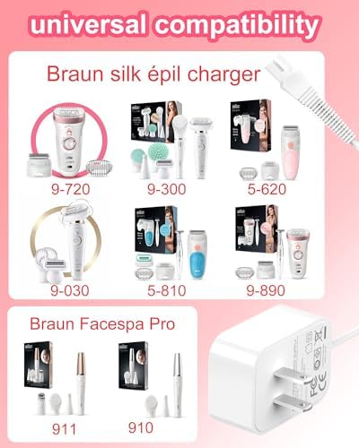 for Braun Silk Epil 9 Charger Compatible with Braun Epilator Silk 9 7 5 9-720 9-300 9-890 9-030 9-880 5-810 5-620 and Face Epilator Facespa Pro 910 911 921