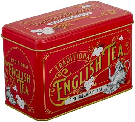 New English Teas Vintage Victorian Tea Tin in Berry-Red with 40 English Breakfast Teabags