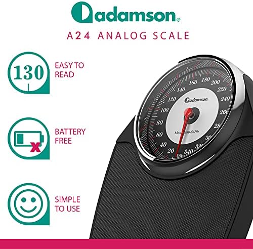 Adamson A24 Scales for Body Weight - Up to 350 LB - New - Anti-Skid Rubber Surface Extra Large Numbers - High Precision Bathroom Scale Analog - Durable with 20-Year Assurance - Black